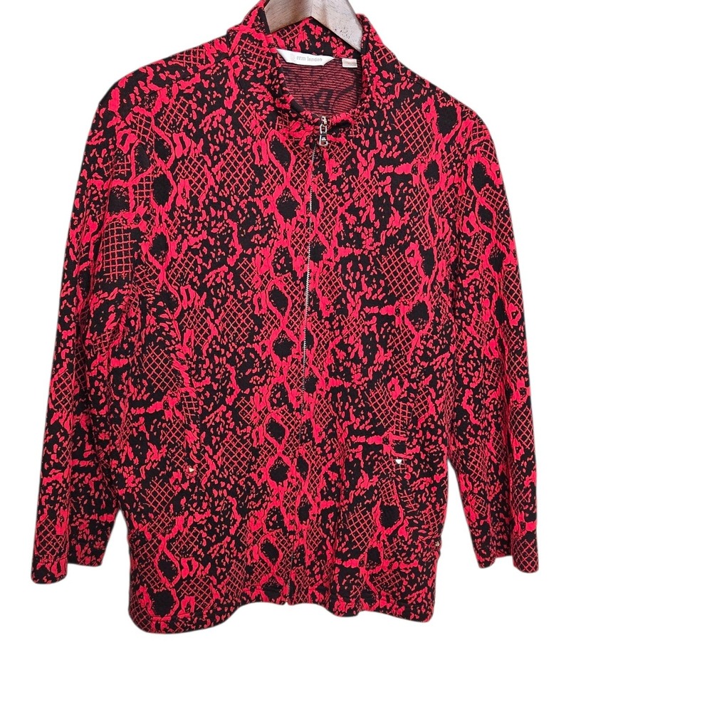 Erin London Full Zip Retro Jacket Snake Print Mock Neck Pullover Red Black XL